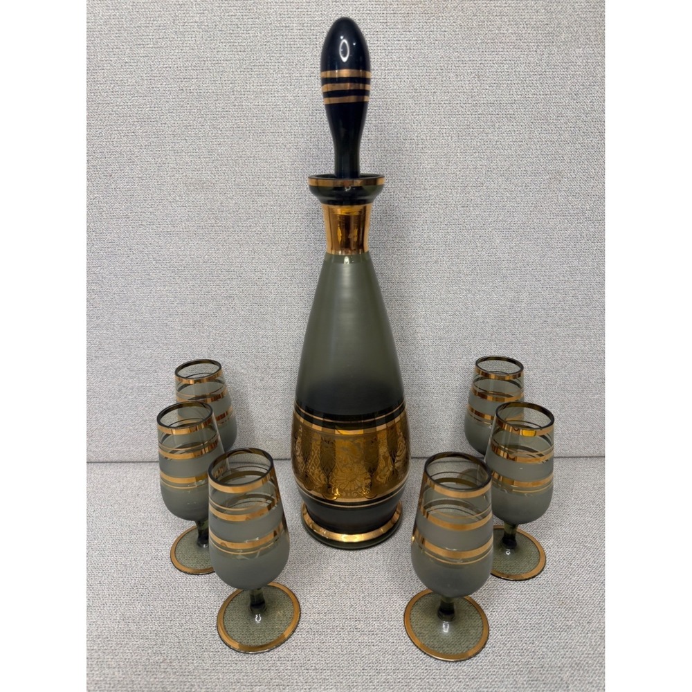 Vintage‎ Smoky Gray Gold Decanter Set 6 Cordial Glasses MCM Hollywood Regency